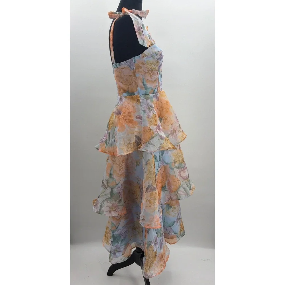 Lulus Playfully Posh Blue Floral Organza Tie-Strap Tiered Midi Dress Small NWT